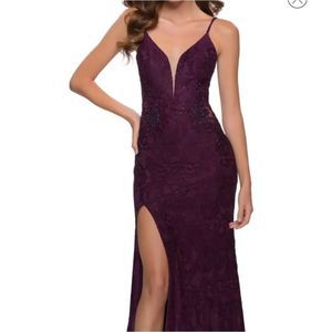 LaFemme dark berry V-neck embellished lace gown.